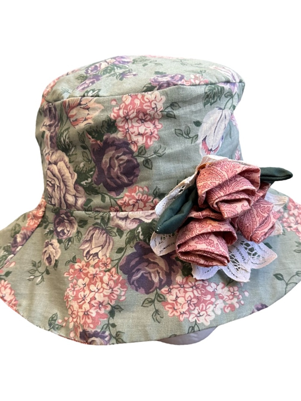 Floral Cotton Sun Hat with Pink Rose Accent - Women Accessories